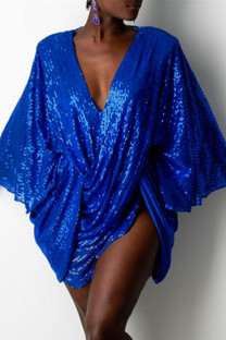 Blue Fashion Sexy Patchwork Sequins V Neck Long Sleeve Dresses