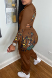 Dark Brown Fashion Casual Print Hollowed Out Zipper Collar Long Sleeve Two Pieces