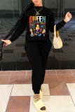 Black Fashion Casual Print Basic O Neck Long Sleeve Two Pieces