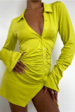 Yellow Fashion Sexy Solid Fold Turndown Collar Long Sleeve Dresses