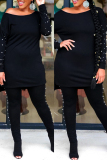 Black Fashion Casual Patchwork Beading O Neck Plus Size Two Pieces