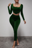 Green Fashion Casual Solid Asymmetrical Square Collar Long Sleeve Two Pieces