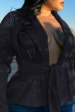 Black Sexy Casual Solid Cardigan Turndown Collar Plus Size Overcoat