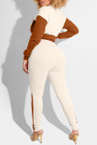 Brown Casual Solid Split Joint Zipper Zipper Collar Long Sleeve Two Pieces