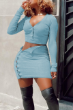 Light Blue Sexy Solid V Neck Long Sleeve Two Pieces