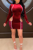 Burgundy Sexy Solid Hollowed Out Split Joint O Neck A Line Dresses