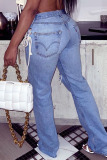 Blue Sexy Street Solid Hollowed Out Split Joint Frenulum Mid Waist Straight Denim Jeans