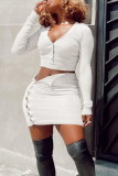 Cream White Sexy Solid V Neck Long Sleeve Two Pieces