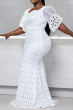 White Sweet Elegant Solid Hollowed Out Split Joint Asymmetrical V Neck Straight Dresses