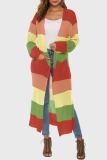 Orange Green Casual Striped Print Patchwork Slit Outerwear