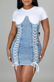Light Blue Fashion Casual Patchwork Bandage O Neck Short Sleeve Dress