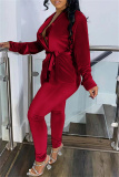 Burgundy Fashion Casual Solid Cardigan Pants V Neck Plus Size Two Pieces