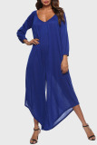 Blue Casual Solid Patchwork Asymmetrical V Neck Loose Jumpsuits