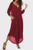 Purplish Red Casual Solid Patchwork Asymmetrical V Neck Loose Jumpsuits