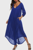Blue Casual Solid Patchwork Asymmetrical V Neck Loose Jumpsuits