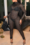 Black Fashion Sexy Striped See-through Turtleneck Jumpsuits