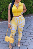 Yellow Fashion Casual Striped Vests Pants Zipper Collar Sleeveless Two Pieces