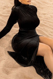 Black Elegant Solid Split Joint High Opening Turtleneck Straight Dresses