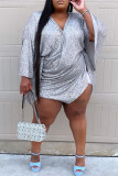Grey Fashion Sexy Solid Sequins V Neck Long Sleeve Plus Size Dresses