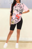 Pink Casual Print Split Joint O Neck T-Shirts