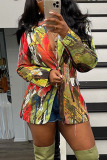 Colour Fashion Print Patchwork Buttons Turn-back Collar Outerwear