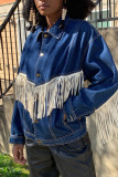 The cowboy blue Street Solid Tassel Patchwork Buckle Turndown Collar Plus Size Overcoat