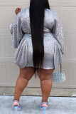 Grey Fashion Sexy Solid Sequins V Neck Long Sleeve Plus Size Dresses