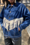 The cowboy blue Street Solid Tassel Patchwork Buckle Turndown Collar Plus Size Overcoat