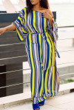 Multi-color Fashion Casual Striped Print Oblique Collar Long Sleeve Dress
