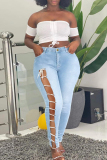 Light Blue Fashion Casual Solid Embroidered Hollowed Out Plus Size Jeans