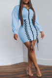 Pink Fashion Casual Solid Bandage Split Joint Hooded Collar Long Sleeve Dresses