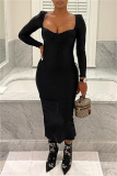Black Sexy Casual Solid Slit Square Collar Long Sleeve Dresses