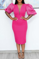 Pink Fashion Casual Solid Split Joint V Neck Dresses