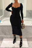 Black Sexy Casual Solid Slit Square Collar Long Sleeve Dresses