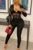 Black Fashion Sexy Patchwork Solid See-through V Neck Skinny Jumpsuits
