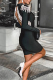 Black Fashion Sexy Patchwork Backless O Neck Long Sleeve Dresses