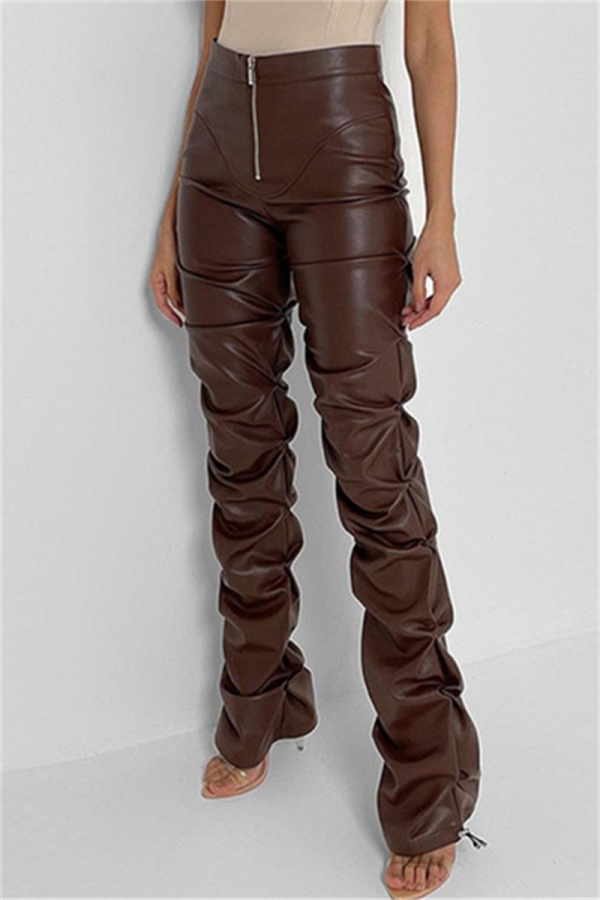 Brown Fashion Casual Solid Split Joint Regular High Waist Trousers
