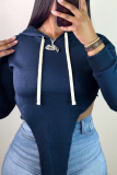 Blue Casual Solid Split Joint Hooded Collar Tops