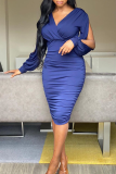 Deep Blue Sexy Solid Hollowed Out V Neck Pencil Skirt Dresses