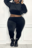 Black Sexy Solid Split Joint O Neck Plus Size Two Pieces