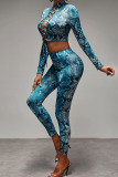 Blue Sexy Print Bandage Hollowed Out Patchwork O Neck Long Sleeve Two Pieces