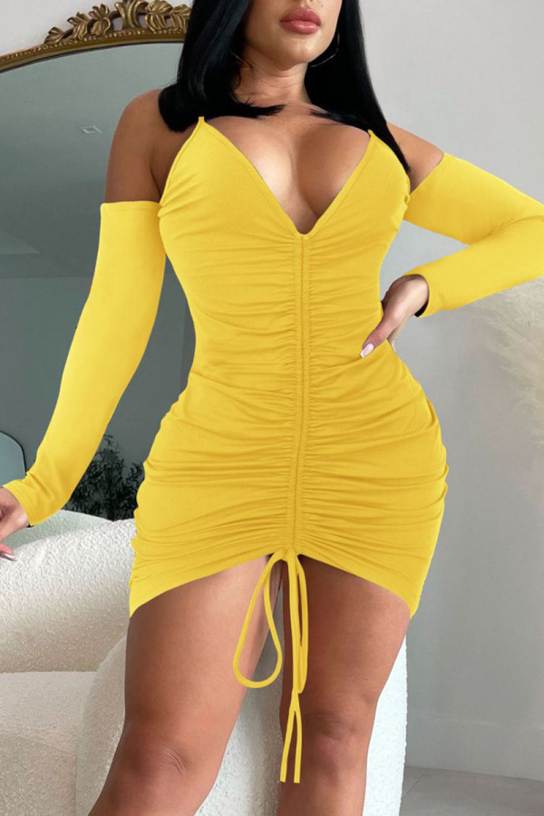 Yellow Sexy Solid Patchwork Draw String Fold V Neck One Step Skirt Dresses