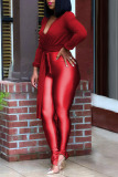 Red Casual Solid Bandage Split Joint V Neck Long Sleeve Two Pieces
