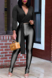 Black Casual Solid Bandage Patchwork V Neck Long Sleeve Two Pieces