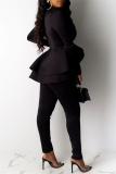 Black Fashion Casual Solid Split Joint Flounce Turndown Collar Long Sleeve Two Pieces