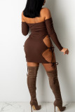 Dark Brown Sexy Hollowed Out Patchwork Halter One Step Skirt Dresses