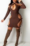 Dark Brown Sexy Hollowed Out Patchwork Halter One Step Skirt Dresses
