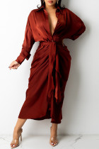 Burgundy Fashion Casual Solid Bandage Turndown Collar Long Sleeve Dresses