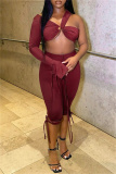 Burgundy Sexy Casual Solid Bandage Patchwork One Shoulder Long Sleeve Two Pieces