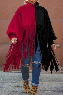 Black Red Fashion Casual Patchwork Tassel Turtleneck Plus Size Overcoat